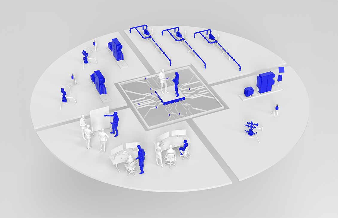 Artwork shows artificial lift equipment on multiple wells digitally connected to a Performance Live center.