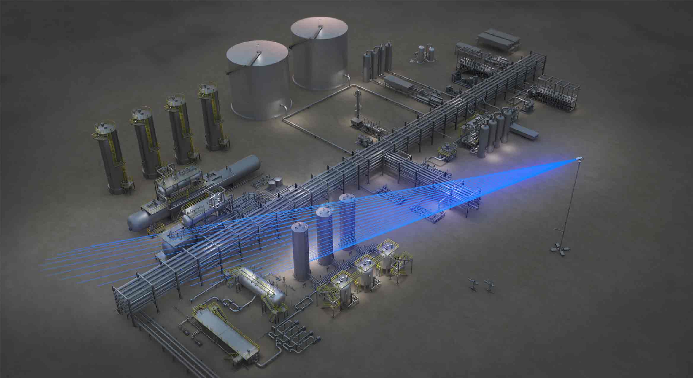 Digital image shows a laser on a pan/tilt stage scanning a facility at night for methane leaks.