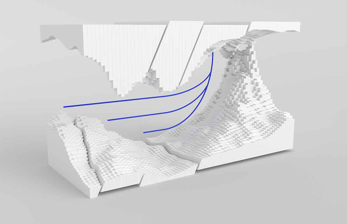 Artist's rendering of a blue multilateral well in a white formation.