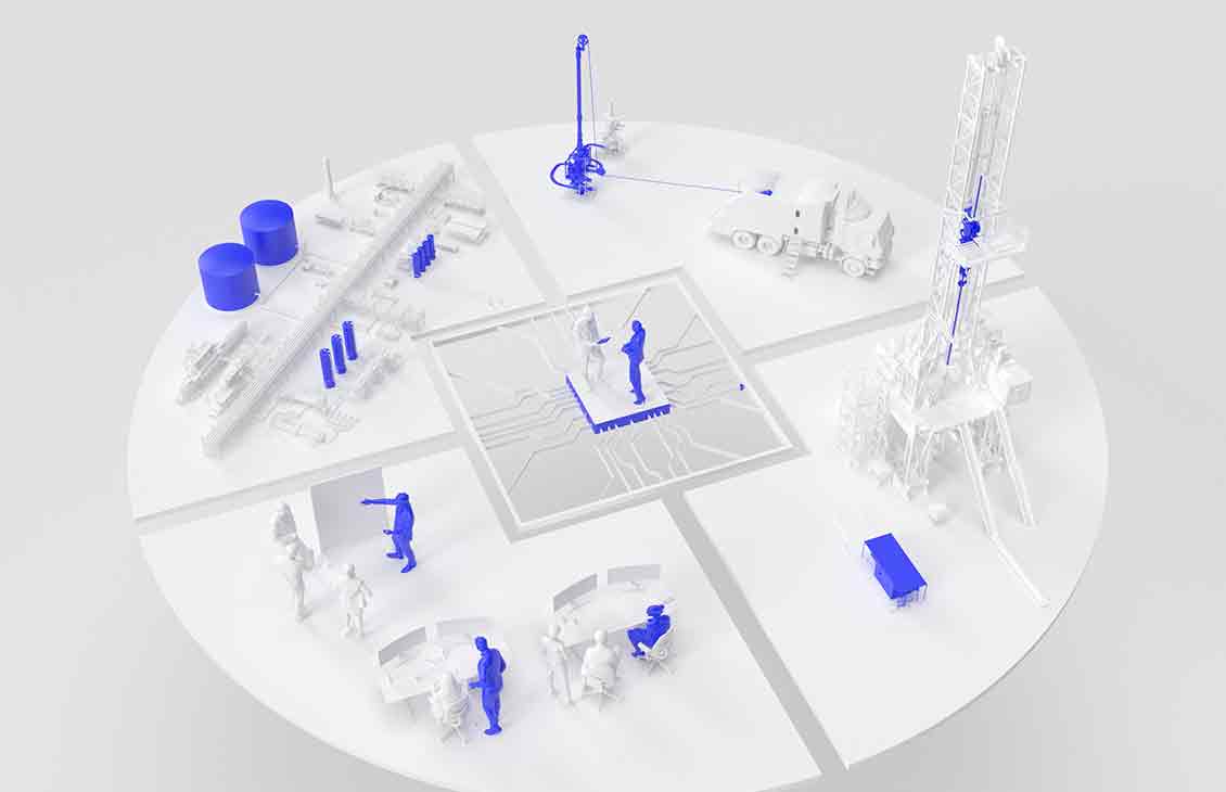 Artwork with a rig, workover mast, and process facility digitally connected to a Performance Live center.